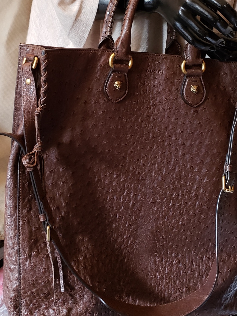 Gucci Designers Brown Ostrich skin Leather Tote with Brass Hardware, XL